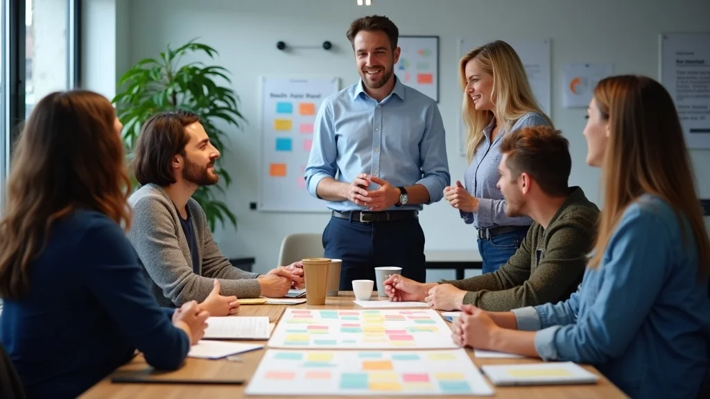 Professional accounting team brainstorming reputation management plan with flowcharts, symbolizing strategic online presence management.