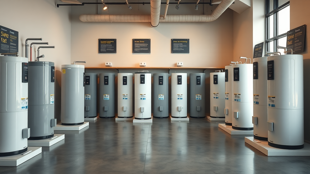 plumbing in orlando florida - different types of water heaters in a showroom.