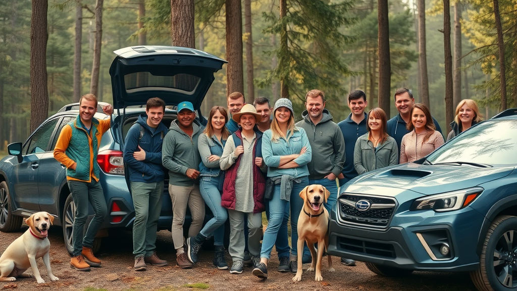 Adventurous Subaru owners with camping gear and dogs at a forest trailhead, demonstrating Subaru owner lifestyle
