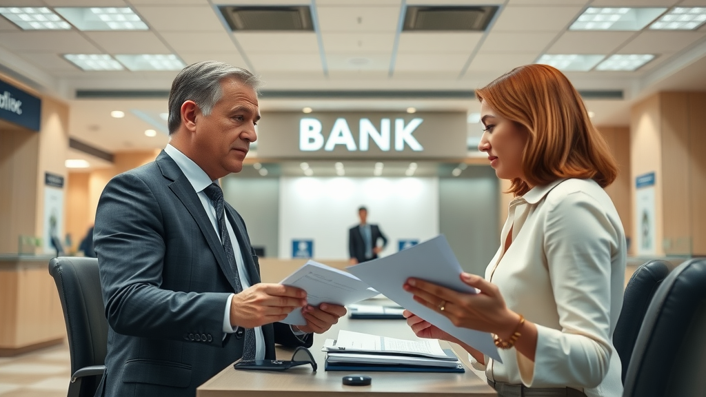 Formal bank interior, business professional, bank loan application, business loan approval process