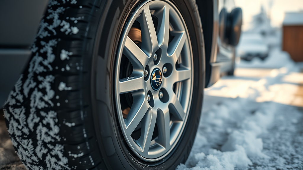 Close-up of Subaru wheel with branded winter tire, snowy Cincinnati driveway, emphasizing winter tire tread and Subaru winter driving capability