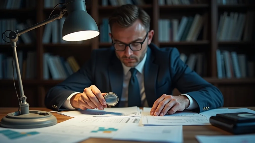 Forensic accountant analyzing spreadsheets and financial documents in a quiet Boston office