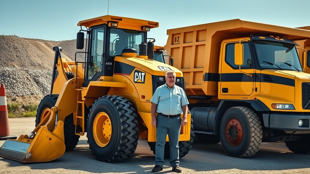 Heavy equipment yard Michigan, shiny bulldozer and dump truck with owner inspecting - equipment loan Michigan