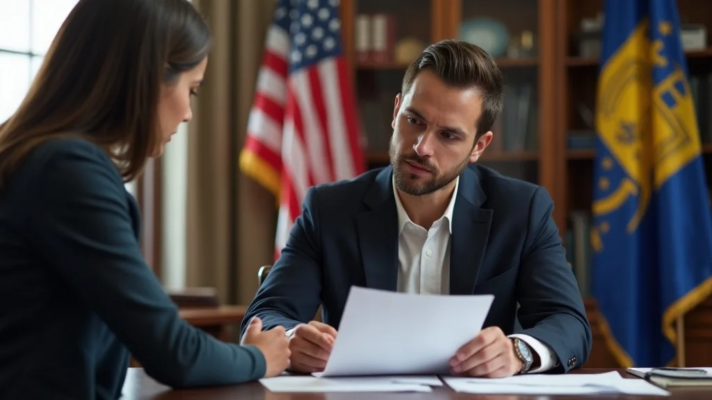Trustworthy immigration attorney reviewing asylum documents in Boston office with U.S. and Massachusetts flags