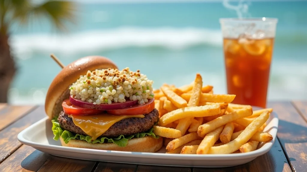 Appetizing signature Hilton Head fast food dishes with a gourmet burger, crispy fries, and sweet tea on a casual outdoor table with ocean waves and palm trees in the background, natural daylight.