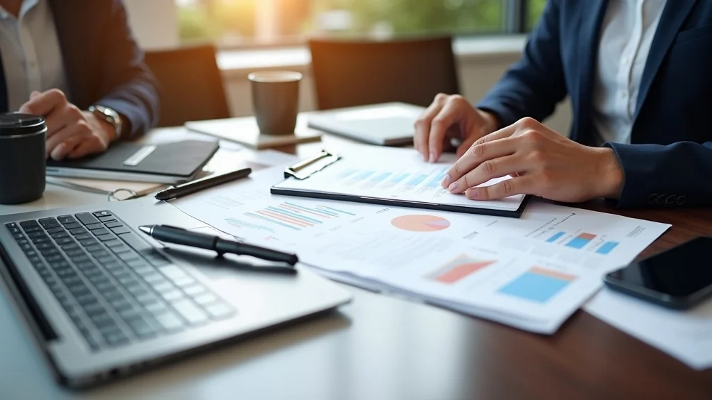 Business broker reviewing financial documents and business valuation tools in a Boston office for business acquisition boston process.
