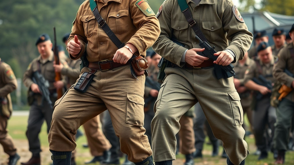 military personnel in wool pants, historical and modern attire contrast, action pose, Historical and Modern Fusion, military setting with historic elements, highly detailed, natural and artificial lighting contrast, shot with a telephoto lens.