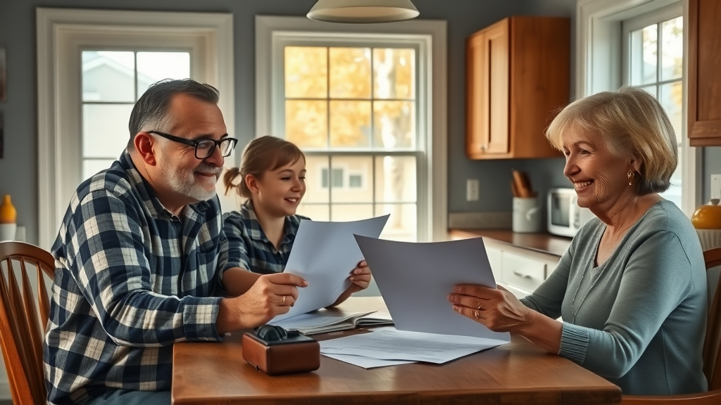 Michigan veteran family reviews mortgage refinance papers at home, cozy kitchen with autumn lake view—michigan va mortgage refinance Michigan veteran family reviews mortgage refinance papers at home, cozy kitchen with autumn lake view—michigan va mortgage refinance