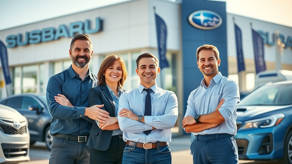 Modern Subaru dealership exterior with friendly sales staff, blue and silver cars under sunlight - 10 questions smart buyers ask before test driving a subaru