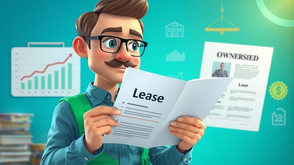 Construction business owner comparing equipment lease and loan paperwork - infographic style - equipment leasing vs equipment loan