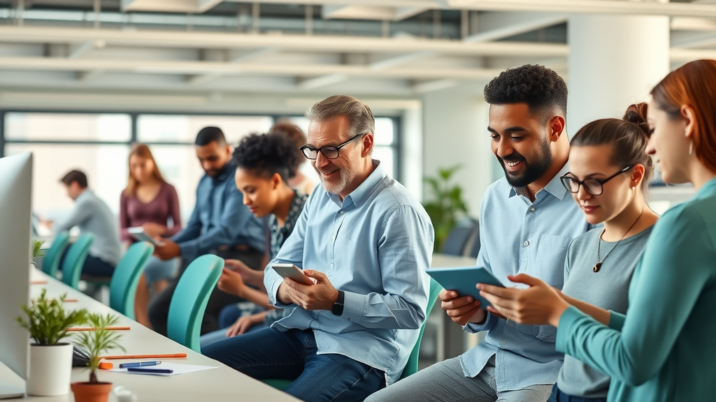 Vibrant modern office with diverse employees including neurodivergent individuals collaborating in an inclusive workplace. Ergonomic workstations, sensory-friendly zones, natural light, blue and green color accents, inclusive work environment.