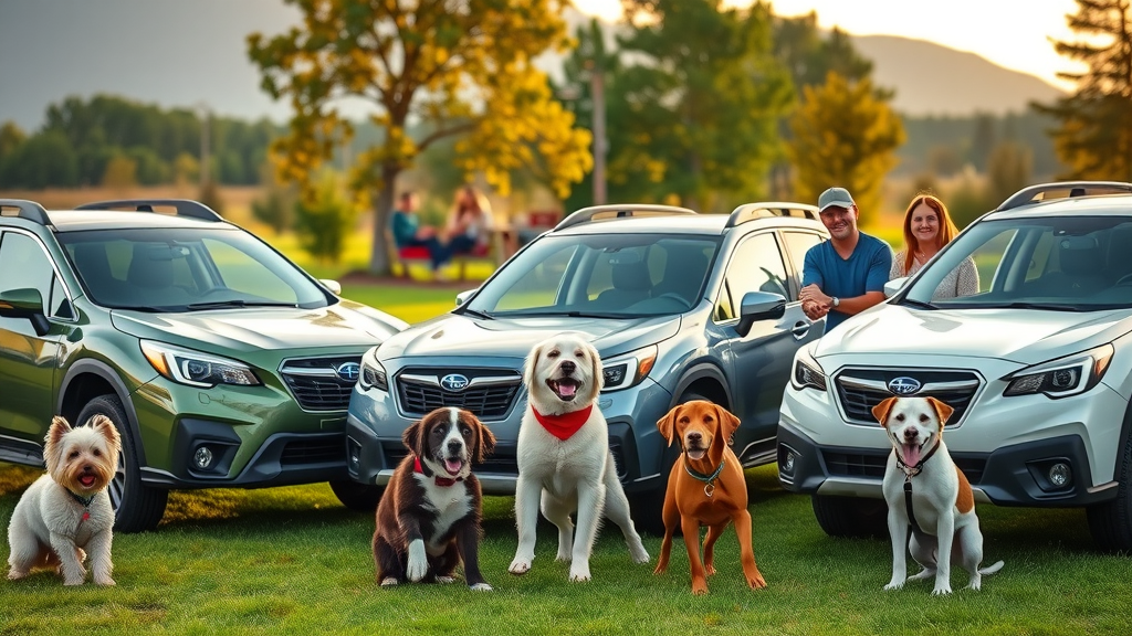 subaru model lineup dog-friendly vehicle forester outback crosstrek dogs picnic park photorealistic owners scenic background golden hour