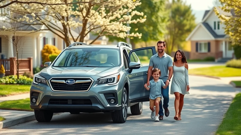 Inviting suburban Cincinnati street with a modern Subaru SUV parked at the curb, smiling family walks toward the vehicle, parents and children, photorealistic sunny residential background with blooming trees, tidy homes, and open car door, natural cool-green palette