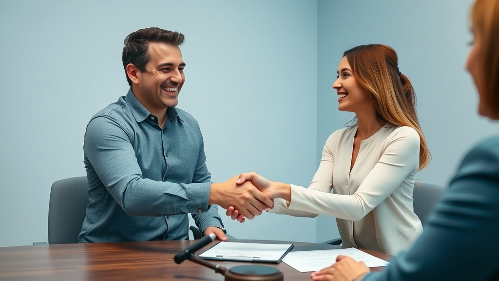 Relieved couple shaking hands with divorce mediation attorney Hamden CT in a peaceful mediation room, legal documents signed on table.