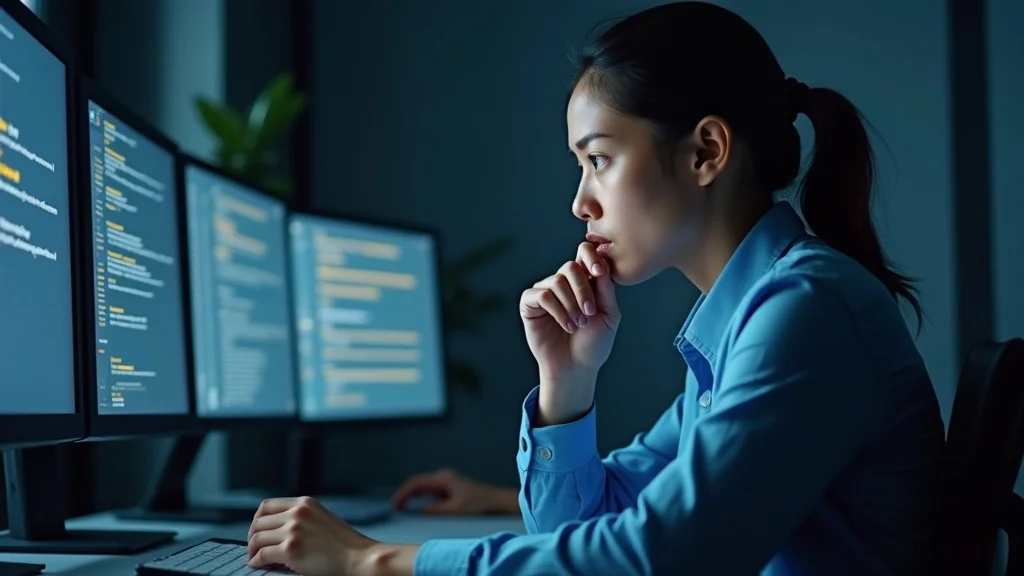 Accountant reading a negative online review, illustrating impact of negative reviews on firm’s reputation management, photorealistic, muted blue/gray tones.