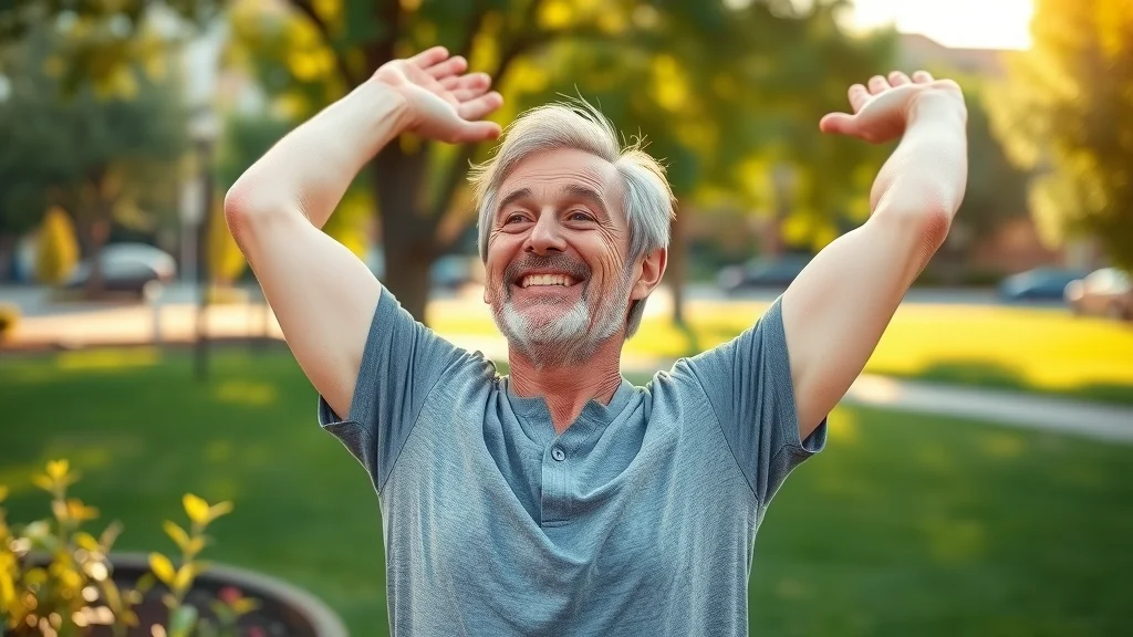 sacramento chiropractor optimistic patient after adjustment, smiling individual stretching back comfortably in Sacramento park outdoor scene