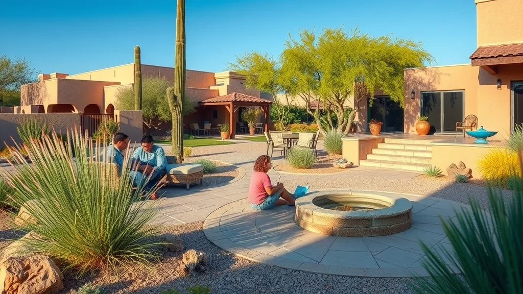 Vibrant Arizona desert yard with beautiful hardscape elements including stone pavers, drought-tolerant plants, and a water feature, under clear skies.