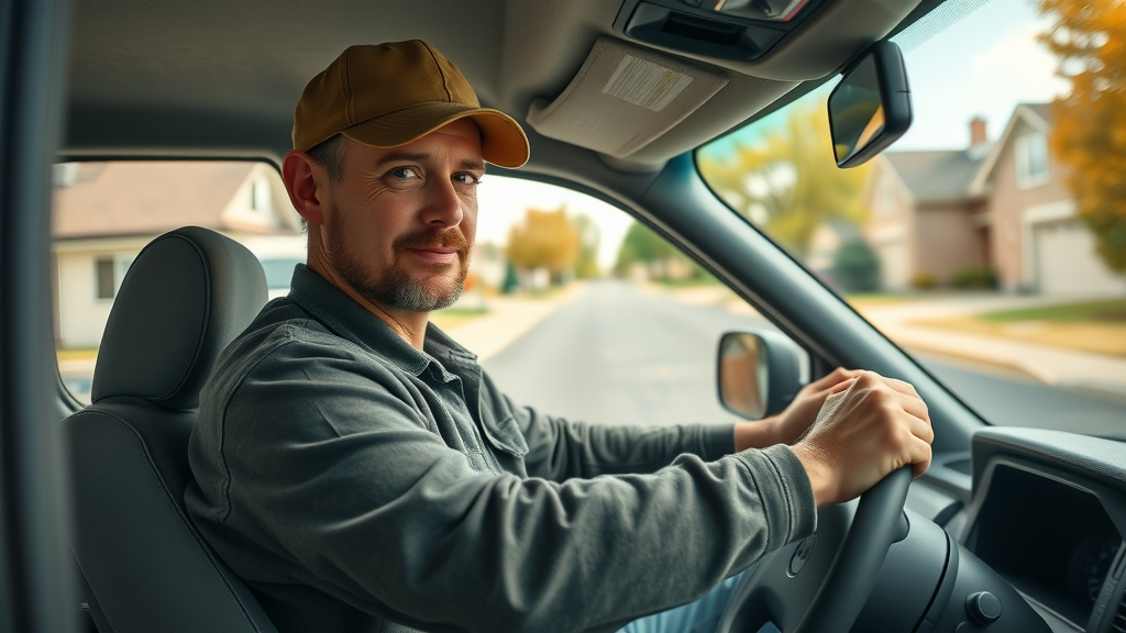 Experienced handyman driving service vehicle through suburban neighborhood