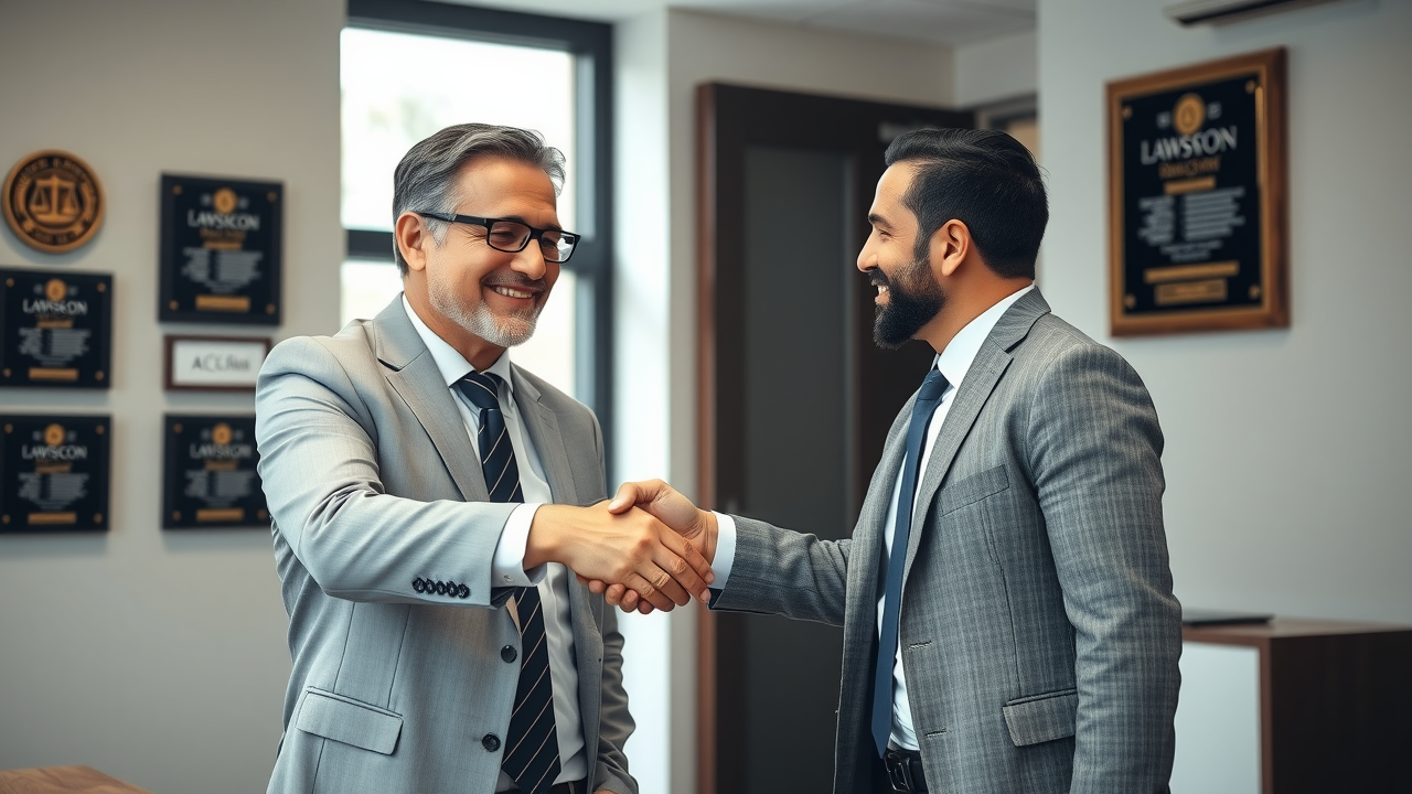 Professional divorce mediation attorney in Southington CT shaking hands with a relieved client after successful legal advice