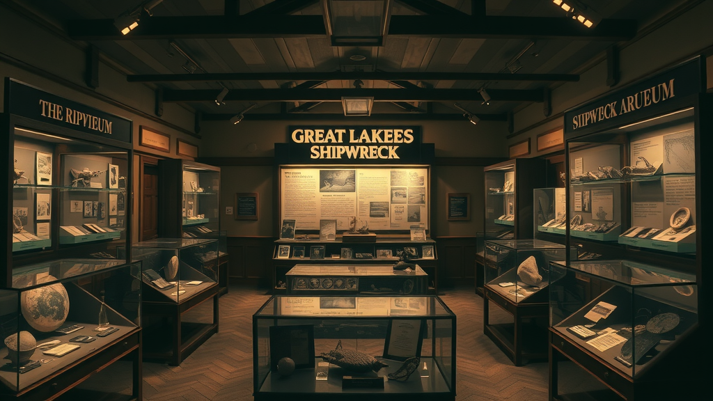 Interior view of the Great Lakes Shipwreck Museum with exhibits of shipwreck artifacts