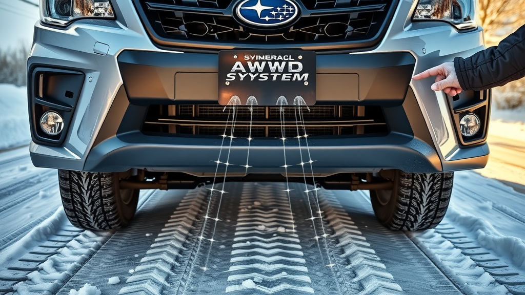 Subaru car close-up highlighting symmetrical AWD system, owner pointing at emblem, showing details and winter-readiness for Cincinnati's snow and ice