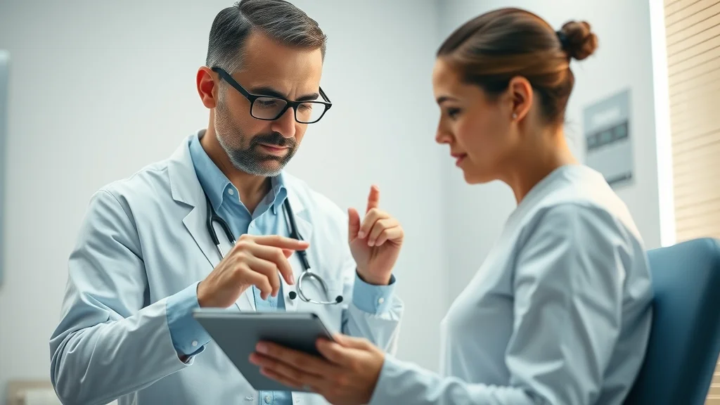 Professional healthcare setting of a doctor helping a patient understand a back nerves chart with spinal nerve mapping - photorealistic clinical consultation scene.