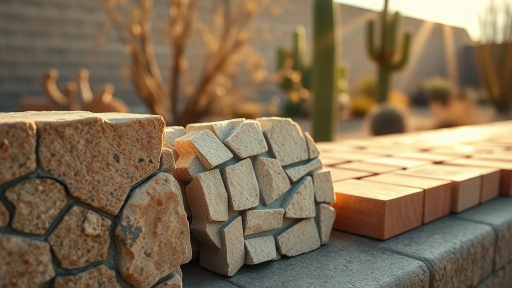 Close-up of textured hardscape materials against Arizona sun, featuring stone, brick, and paver surfaces side by side.
