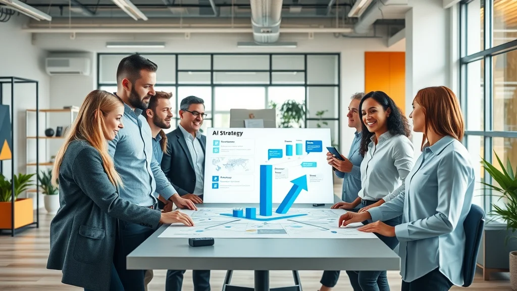 Business team planning AI adoption strategy for professional services—collaborating around a digital roadmap workspace
