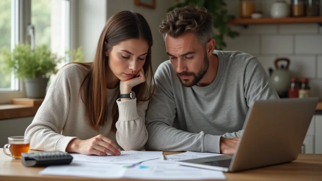 Thoughtful couple reviewing cost documents together — immigration lawyer, legal fees, immigration law.