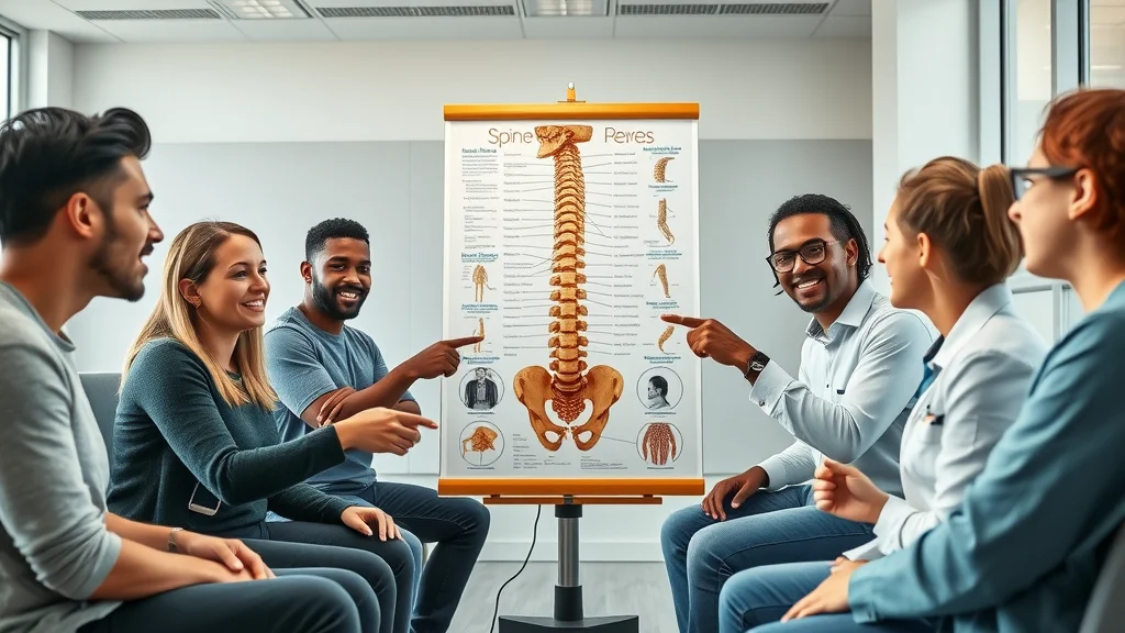 Modern medical classroom, students examining large, detailed spine chart with nerves for educational use of spinal nerve anatomy and nervous system