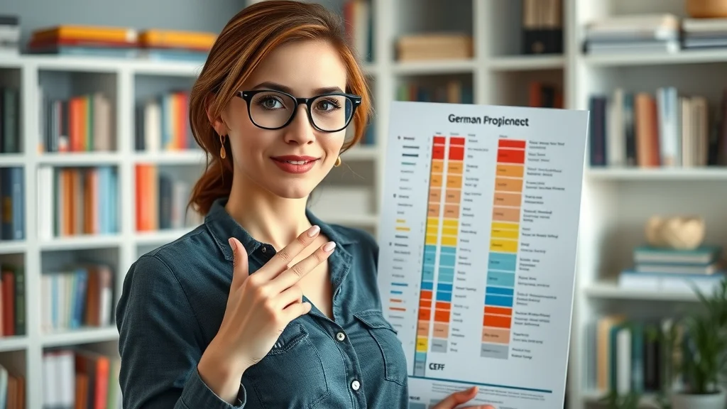 Woman referencing German proficiency chart to understand A1 to C2 levels in learning German