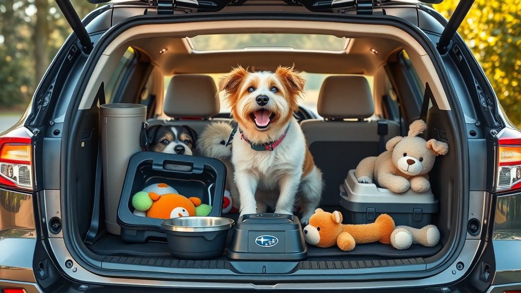 subaru pet accessories dog supplies outback trunk pet crate collapsible bowl plush toys photorealistic pet owner nature scene bright daylight