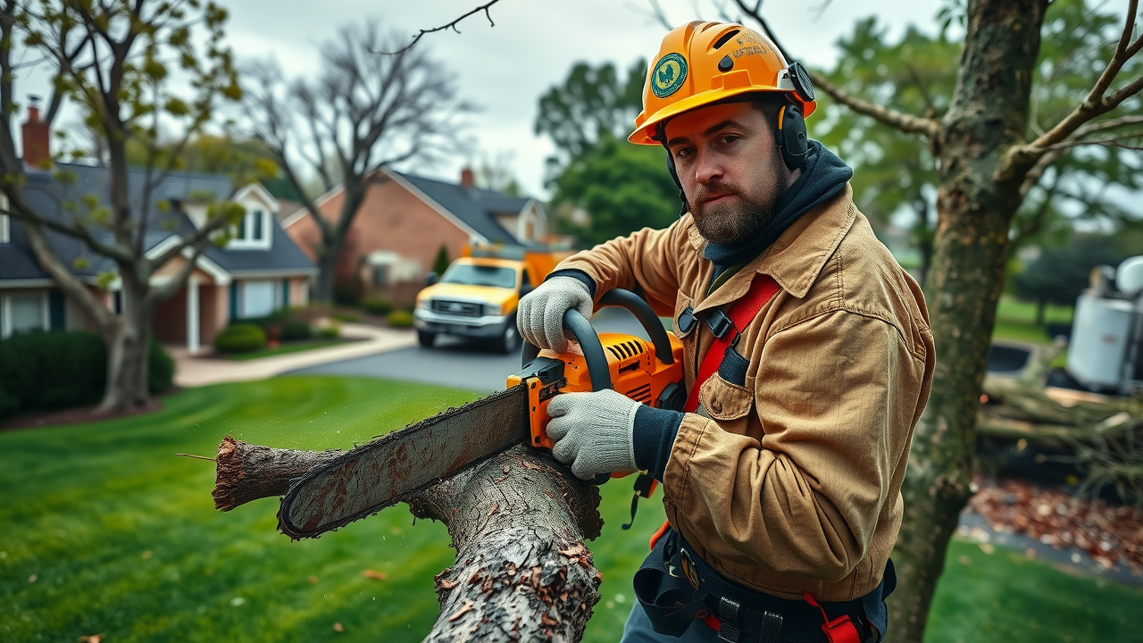 Certified arborist removing storm-damaged limb for tree service in Landing New Jersey