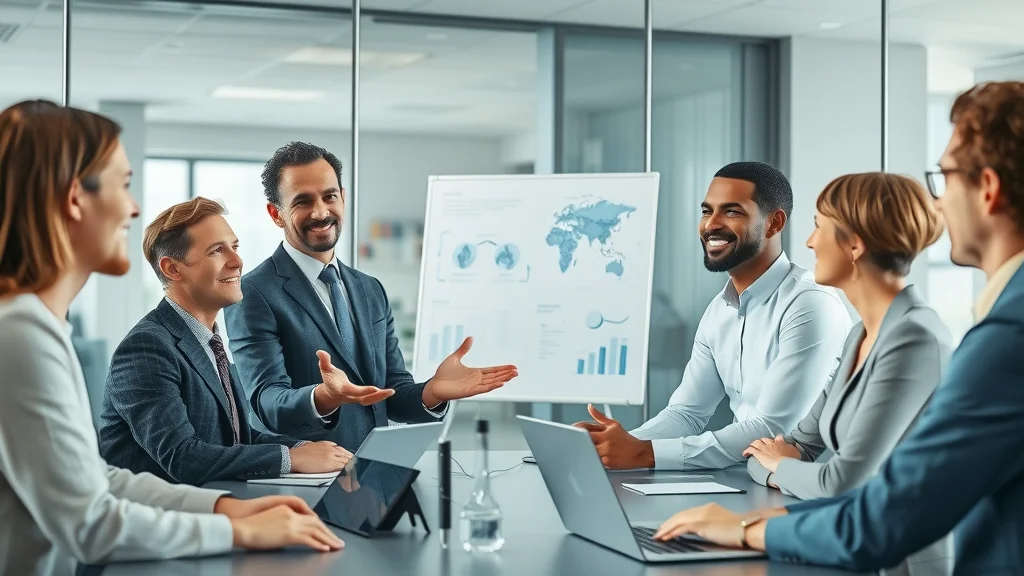 Business leader discusses AI adoption with team in bright, open conference room, symbolizing change readiness in professional services firms.