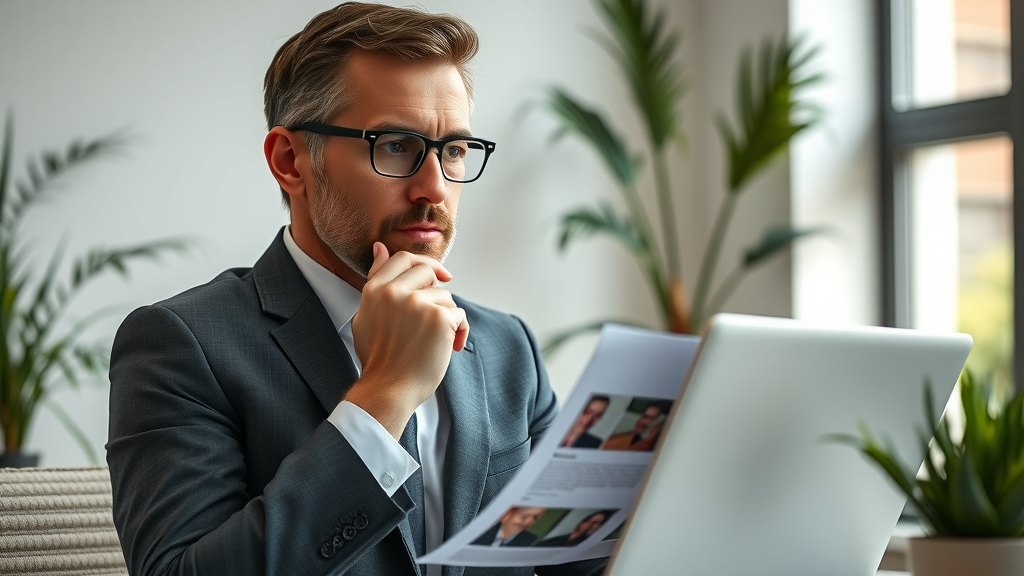 Thoughtful executive choosing between SEO companies, reviewing portfolios on a laptop in a refined modern office.