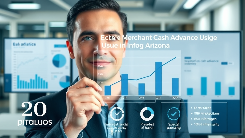 Informative business infographic about merchant cash advance usage Mesa Arizona with bar graphs, charts, and financial documents in a modern office setting