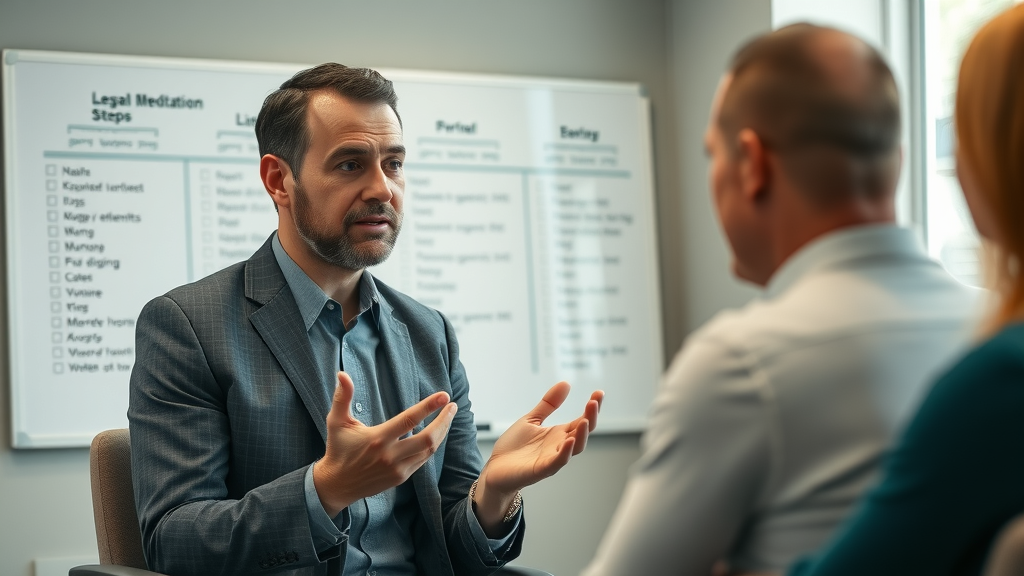 Calm mediator explaining the step-by-step divorce mediation process to a couple in Hamden CT, checklist and flowchart in background.