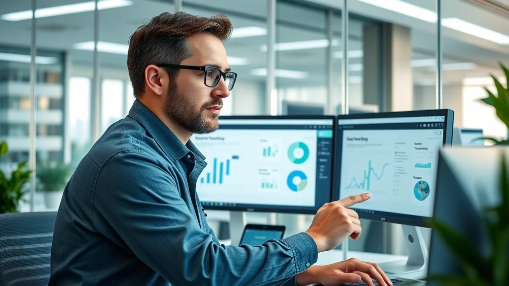 Professional using generative AI scheduling and analytics tools in a tech-enabled office