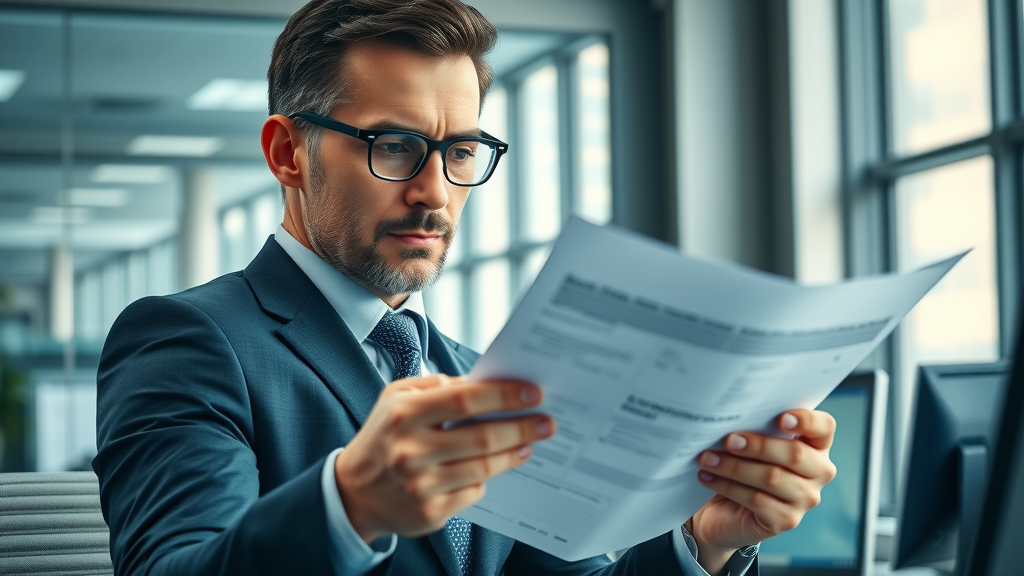 Dynamic business office, professional business owner, reviewing financial documents, merchant cash advance vs business loan