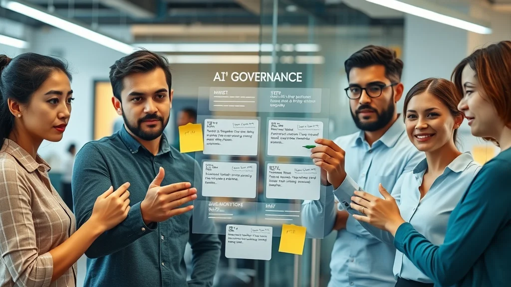 Multicultural project team mapping out ethical ai governance steps on a glass board