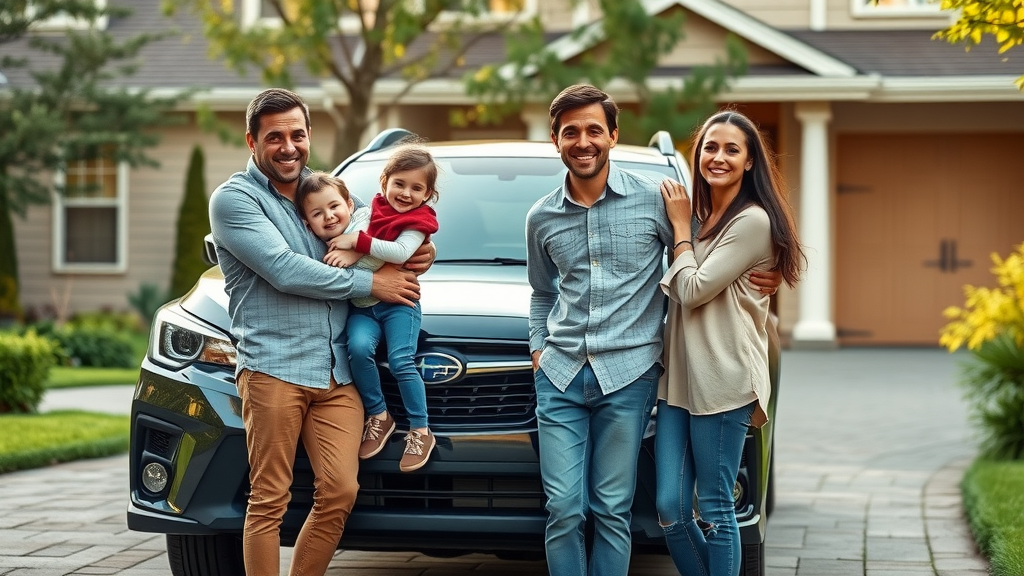 happy family with new Subaru vehicle after share the love event