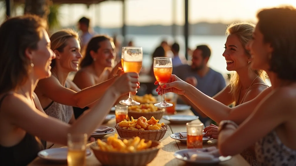 Friends enjoy fish and chip Hilton Head outdoors, raising glasses in a toast at a waterfront restaurant table during golden hour