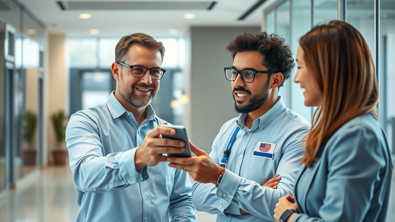 Commercial plumbers showcasing smart water monitoring technology in business environment