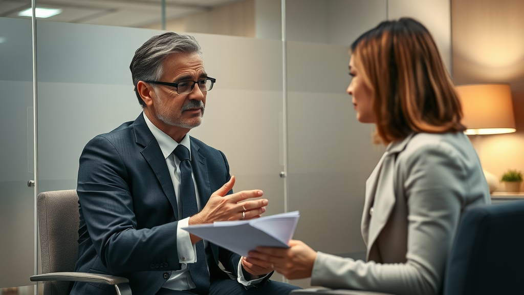 Trusted divorce mediation lawyer Hamden CT discreetly consulting a client in a private law office, confidential paperwork visible.