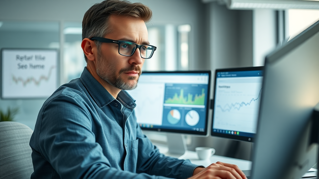SEO specialist analyzing search engine rankings and digital marketing analytics