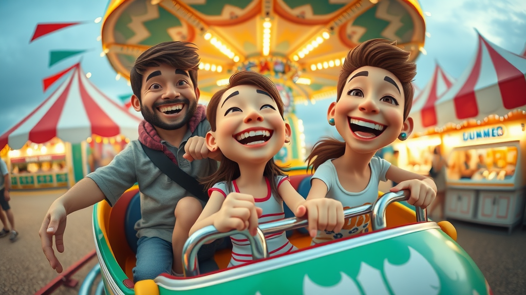 playful family, laughing, enjoying a fairground ride, 3D Cartoon, summer fair with colorful tents and stalls, highly detailed, joyful atmosphere, vibrant colors, ambient lighting, shot with a fisheye lens.