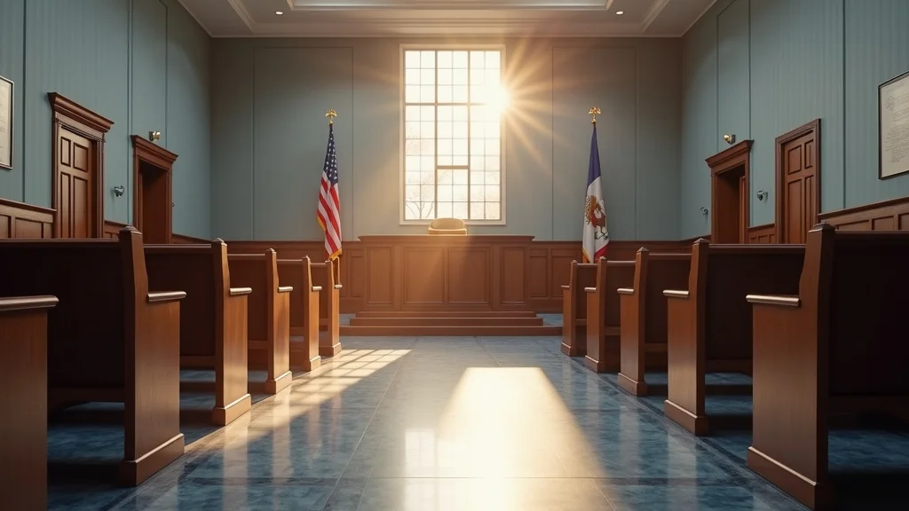 Serene, neutral immigration courthouse for removal proceedings and deportation defense, American flag and judge's bench, inviting light.