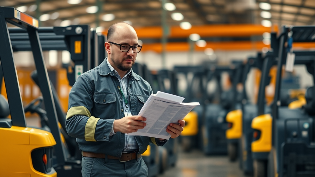 step by step forklift equipment financing, logistics manager evaluating new lift trucks with checklist