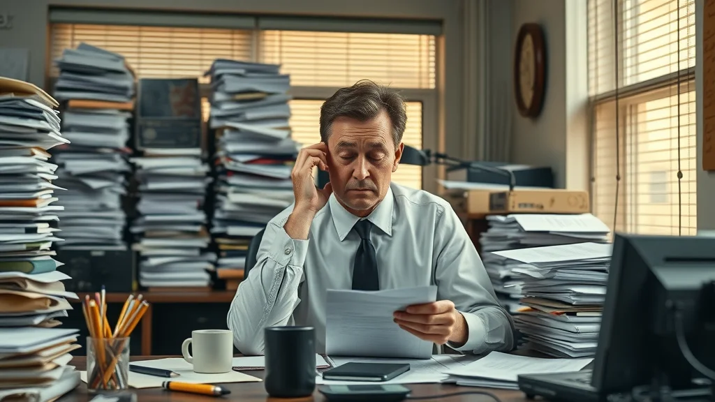 Frustrated professional surrounded by paperwork and outdated tools — inefficiency before AI-driven service automation