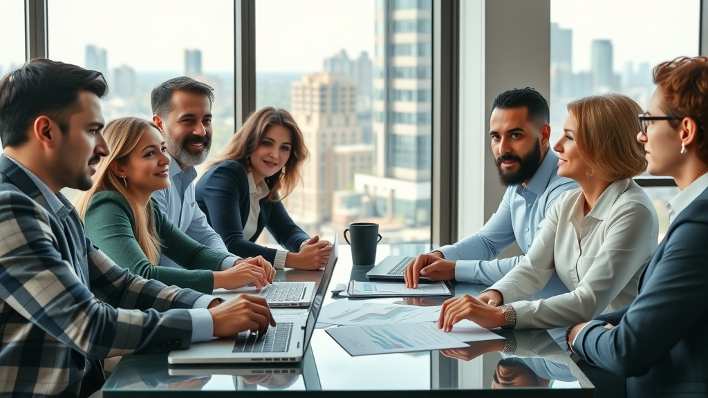 A dynamic group of real estate investors discussing opportunities with city skyline in background, focusing on hard money real estate lenders A dynamic group of real estate investors discussing opportunities with city skyline in background, focusing on hard money real estate lenders